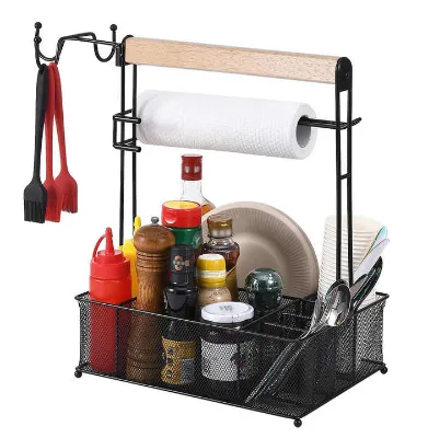 HEAVY DUTY Picnic BBQ Organizer for Camping Outdoor Mesh Basket With 3 Hanging Hooks and Paper Towel Holder