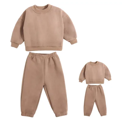Custom Fleece Cotton 3D Embossed Winter Thick Blank Oversized Crewneck Sweatshirt Sweatpants Women Sweatsuit Set Tracksuit