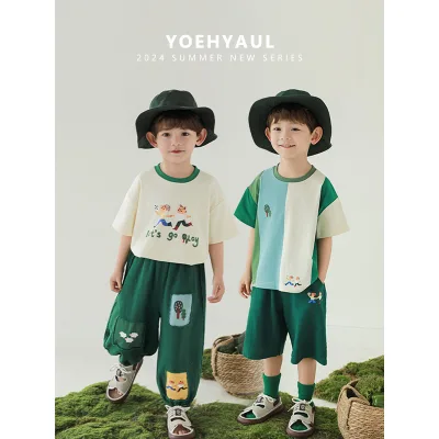 YOEHYAUL N4945 Summer Boys Green T-shirt Shorts Set Cartoon Printed T-shirt Short Sleeve Top Pants Shorts for Kids Boys