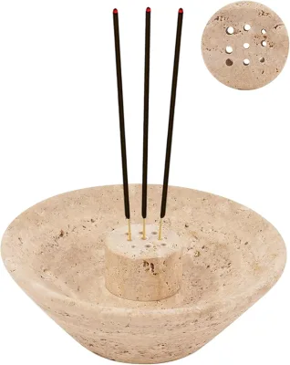 Natural Travertine Incense BurnerNine Holes Round Incense Burner with Basetea Light Gandle Holder