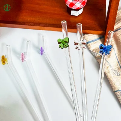 Handmade Glass Borosilicate Glass Coloful Ribbon Straw Glass butterfly pink Reusable Bow Straws Drinkware Accessories