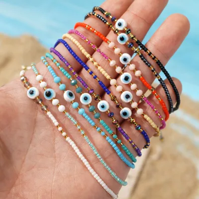 Fashion Creative Colorful Seed Beaded Bracelet Handmade Resin Blue Eyes Bead Charm Bracelets for Women Bohemian Beach Jewelry