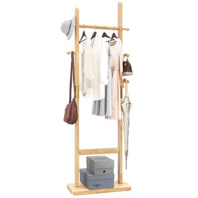 Freestanding Coat Rack 2 Main Rods Stable Design Hanging Coats Suits Jackets Easy Assembly Very Sturdy Natural Wood Color