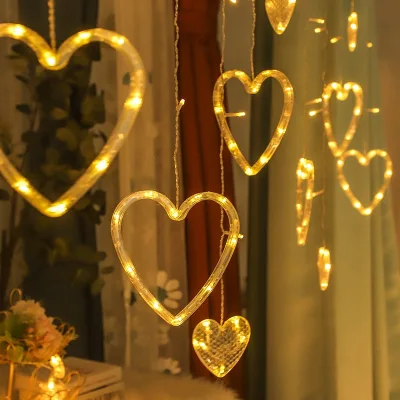 New High Low Heart Button Control LED Curtain Lights 3.5m Warm White for Children's Bedrooms Weddings Parties Decorations