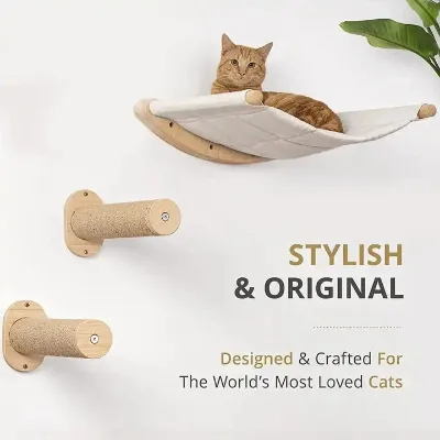 Small Footprint Wall-Type Classic Solid Wood Eco-Friendly Cat Tree Cat Climbing Frame Hammock Perch Jumping Platform Grinding