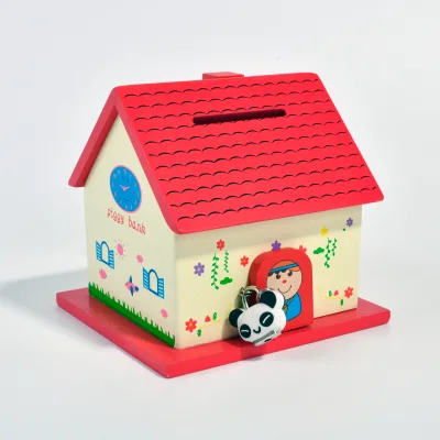 Wooden Piggy Bank House Retro Fun Saving Educational Toy Save Through Play Learning Developmental