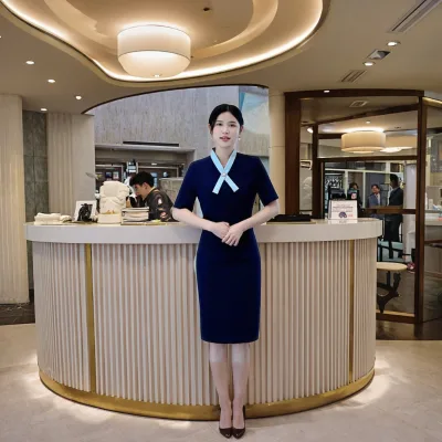 Factory-Designed High-End Summer Slim Polyester/Cotton Fabric Breathable Hotel Reception Uniform Workwear Office Dress for Women