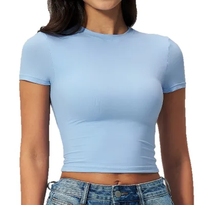 Women's Casual All-Match Tight-Fit Quick-Dry Spandex/Nylon Fitness Top Yoga Wear Running Pilates Sports T-Shirt Short