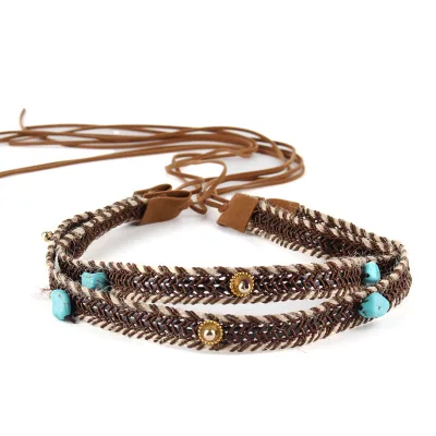 Western Bohemian Style Hatband Brown Braided Hat Band with Turquoise for Beach Hat Decoration Hatband