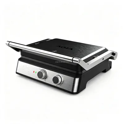 AOJA OEM Electric Contact Grill Non-Stick Coating Plate Adjustable Temperature Timing Knob Cool Touch Handle 180 Degree Open