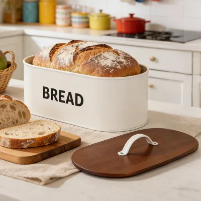 Cross-border Nordic Style Carbon Steel Kitchen Bread Box with Bamboo Lid and Handle Household Storage
