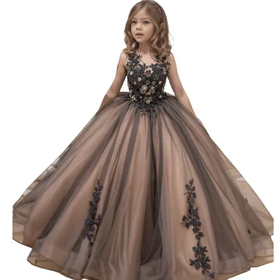Lovely Long Ball Gown V-neck Tulle Appliques Lace Flower Girl Dress