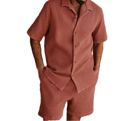 2024 Wholesale Custom logo High Quality Waffle Polo Shirt and Shorts Casual Summer Set for Men