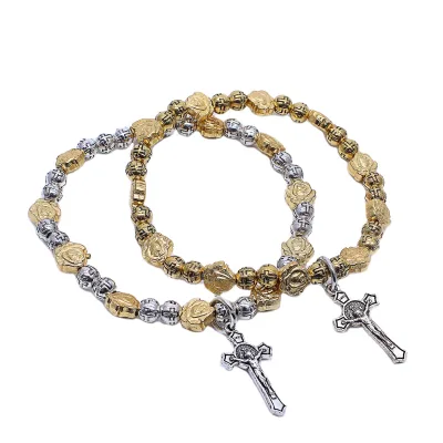 Catholic Cross Metal Bracelet Rose Beads Bracelet Crucifix Jewelry Gift Religious