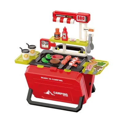 2-in-1 Educational Material Kitchen Food for Toddlers Fast Food Truck Barbecue Grill Storage Combo Suitcase Plastic