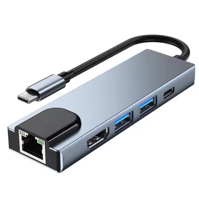 Aluminum 5-in-1 USB C Hub Adapter 100/1000Mbps Ethernet USB 3.1 Dual HDTV Card Adapter for MacBook/PC/Laptop
