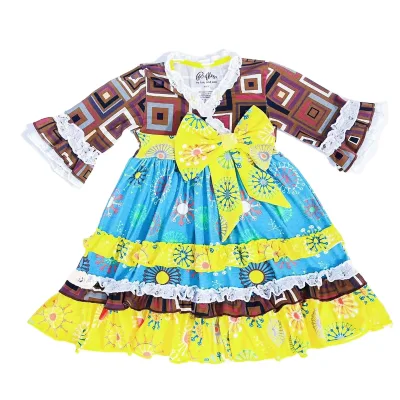 Children's Floral Pattern Long Sleeve Little Girls' O-Neck Dress Set Spring and Autumn Sweet Style Ruffles Decoration ODM