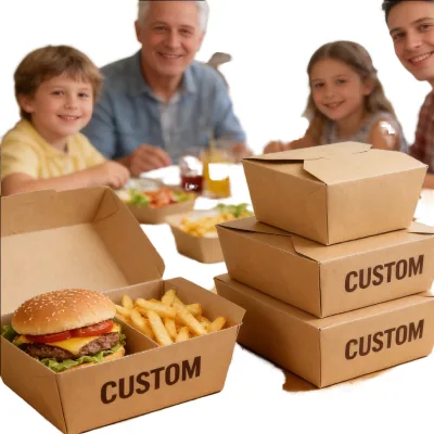 Kraft Paper Fast Food Packaging Box Custom Size Shape Square 6.85x5.1x3inch 1600ml 337g Biodegradable Disposable Luxury Camping