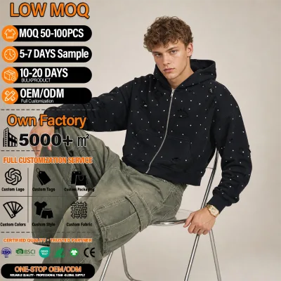 Plus Size Men's Rhinestone Zip Up Hoodie Distressed Hooded Sweatshirt Casual Streetwear OEM ODM