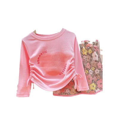 2024 Girls Casual Style 1-Year-Old New Baby Girl Top Sequin Skirt Suit Spring Autumn Love Print Fabric Cotton Drawstring Waist