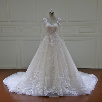 2019 Elegant Appliqued Lace Illusion Long Sleeve O-Neck Ball Gown Wedding Dresses Bridal Gowns for Women