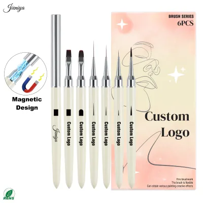 Magnetic Cap Cream Metal Handle Nylon Hair Nail Art Brushes Set Liner Oval Flat for Gel and Acrylic Nail Art