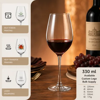 Wholesale Long Stem Red Wine Goblet Glass Minimalist Design 330ml Printed Logo Lead Free Gift Box for Home Party Restaurant