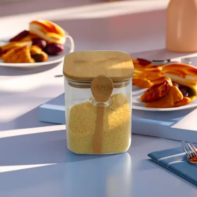 Airtight Square Handmade Glass Storage Jar Smell Proof Pop Top Glass Container Cover Packaging Food with Spoon