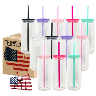 New Arrival 16oz Unbreakable Double Wall Shimmer Plastic Can 16 oz Crystal Snow Globe Acrylic Cup With Plastic Lids and Straw