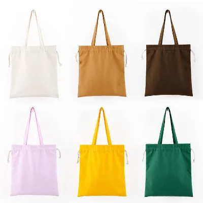 Batch Production Blank Color Hand-Held Folding Drawstring Canvas Bags Custom Orders Canvas Fabric Shopping Opening Top Handbags