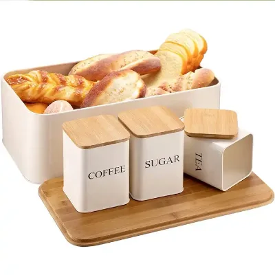 Rustproof Multi-Function Powder Coating Iron Bread Storage Box and Canister Set With Bamboo Lid