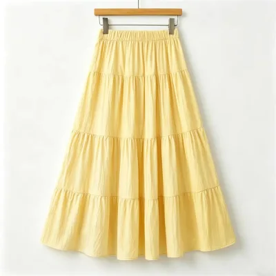 2026 Women's Cotton Linen Summer A-Line Skirt-Breathable Plain Dyed Empire Waist Casual
