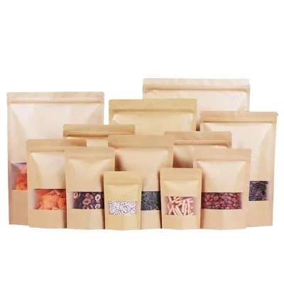 Custom Flat Bottom Kraft Paper Stand up Food Pouch With Zipper Composite Coffee Pouch With Clear Window Food Packaging Pouch