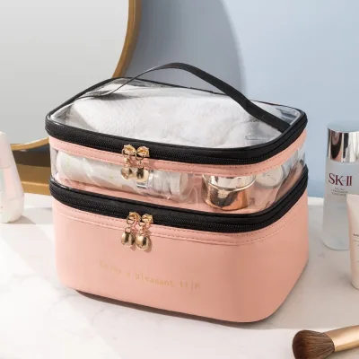 Double Layered Cosmetic Bag Solid Color PU Leather Transparent Design Fashionable Waterproof Large Capacity Travel Storage