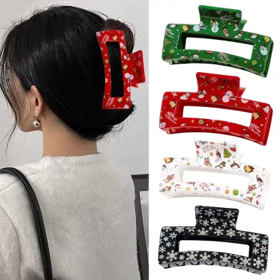 Christmas Series Sweet Square Hair Clips 8.5cm Printing Snowman Elk Hair Claws Acrylic Hollow Rectangular Hair Claw Accessories