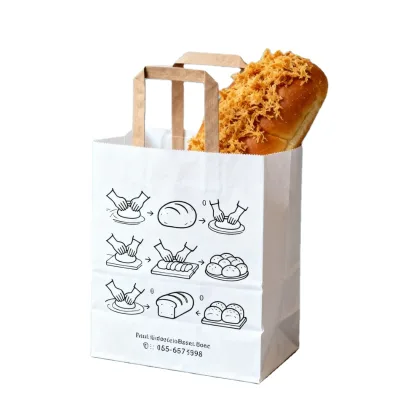 Eco Friendly White Kraft Flat Handle Paper Bag Custom Logo Bakery Bread Donut Grocery Takeaway Packaging Pouch