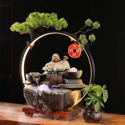 Lanborui Ornament Indoor Smoke Water Fountain With Fish Tank for Home Office Desktop Decor Led Light Backflow Waterfall Incense