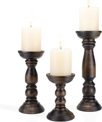 Farmhouse Wooden Candle Holders for Pillar Candles Set of 3, Rustic Wood Candle Holder Table