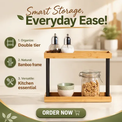 Small Bamboo Kitchen Shelf with 2 Compartments Space Saving Healthy Home Organizer Premium Quality Desktop Rack for Spices