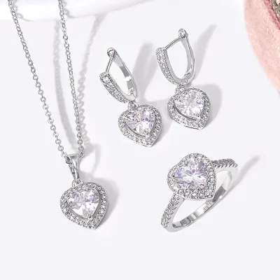 2025 Trending Mother's Day 5A White Cubic Zirconia Icy Heart Shape Sets Jewelry 925 Sterling Silver CZ Heart Rings Pendant Set