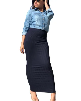 Fashionable New Versatile Solid Color Knitted With Striped Tight Fit and Length Skirt Abaya