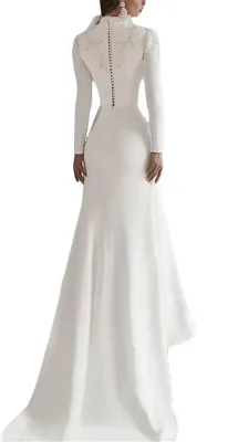 Custom Elegant Mermaid Muslim Bride Plus Size Wedding Dress O Neck Backless Full Sleeve Floor Length