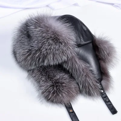 Winter Warm Real Fox Fur Women Trapper Hats Leather Bomber Caps Russian Earflaps Aviator Hat