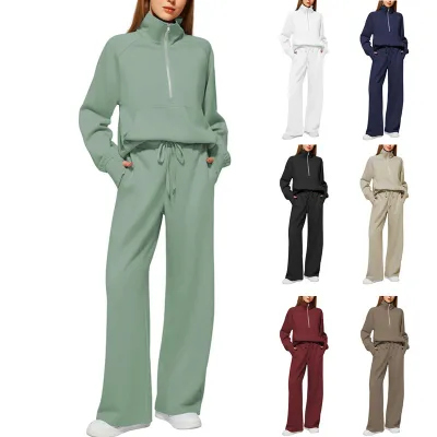 Western 2026 Autumn Women's Two-Piece Oversized Half-Zip Sweatshirt and Wide-Leg Sweatpants Set