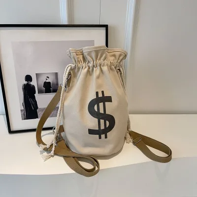 Canvas Money Symbol Women for Outdoor Knapsack Creative Large Capacity Handbag Leisure Simplicity Bucket Drawstring Backpack Bag