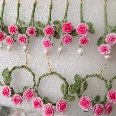 Crochet Circle Earring Micro Bowknot Handmade Wedding Jewelry Rose Tulip Dangle  Eardrop Mini Crochet Dangler Earrings Hoop Gift