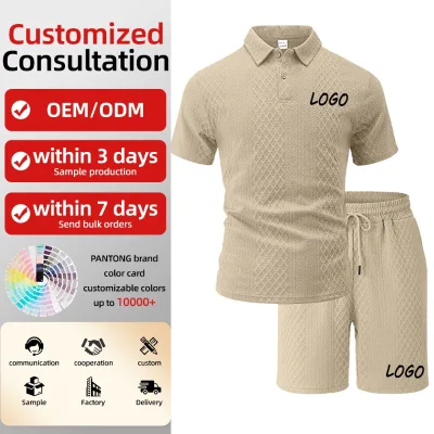 Men's Solid Textured 2Piece Set TurnDown Collar Polo Shirt & Drawstring Shorts Casual Outfit Factory Direct OEM Custom Wholesale