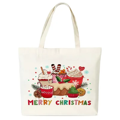 Custom Christmas Canvas Tote Bag Large Capacity Organic Cotton Holiday Gift Shopping Bag Eco Friendly Reusable with Printed Logo