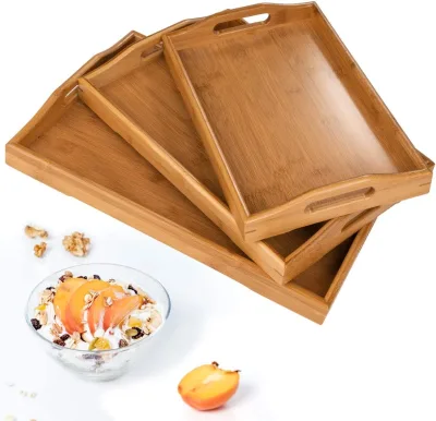 Wooden Serving Tray with Handle 3 Piece Set for Food Coffee Table Party Restaurant Serving Tray