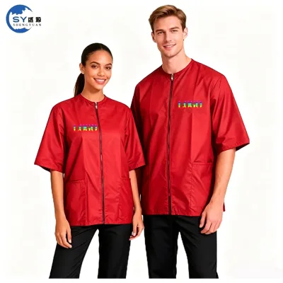 Custom Hairdressing Cape Salon Jackets Barber Wear Vests Grooming Barber Zipper Half Sleeves Two Pockets Red Barber Jacket